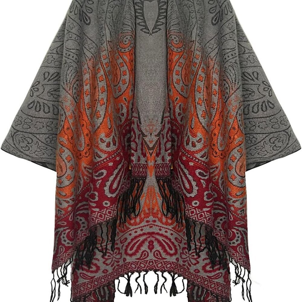 Women's Retro Style Vintage Pattern Tassel Poncho Shawl Cape Wraps For Women